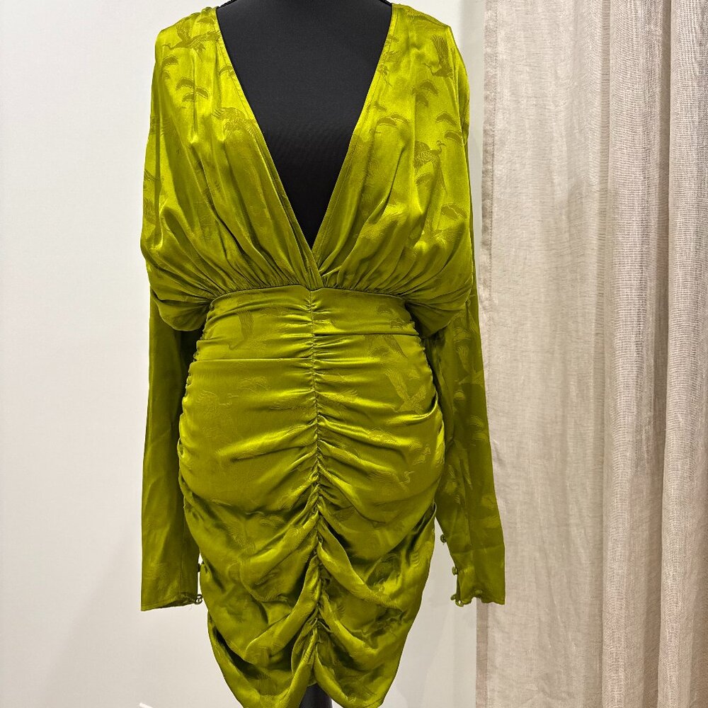 Ronny Kobo Collection Olive Green Ruched Satin Long Sleeve Mini Dress